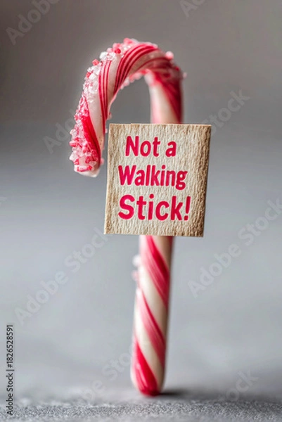 Fototapeta Christmas Candy Cane With Joke Message for Holiday Fun. Soft focus. Perfect for festive holiday posts, greeting cards, Christmas and Happy New Year campaigns.