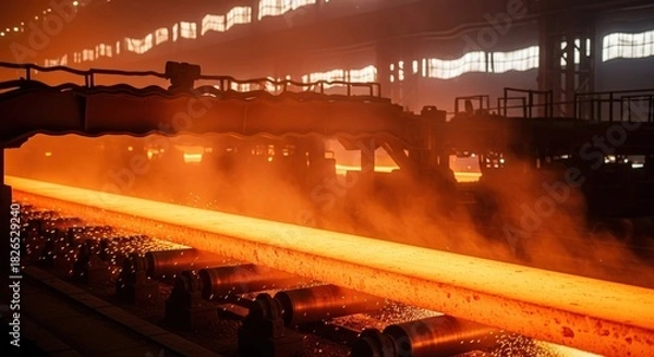 Fototapeta Hot metal slab moving on conveyor rollers in a steel mill, glowing bright orange, creating sparks and smoke