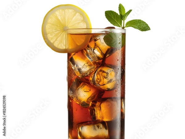 Fototapeta Tall glass of iced tea with lemon slice and mint isolated on transparent background