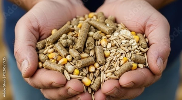 Fototapeta Hands holding diverse animal feed mixture including pellets, corn kernels, and oat grains for farm animals