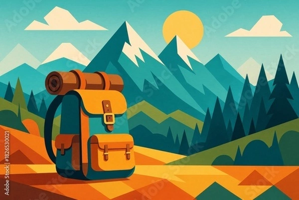 Obraz Colorful illustration of a backpack in a mountain landscape under a bright sun