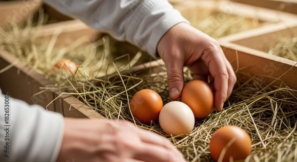 Fototapeta Close up of hands gently collecting fresh brown and white eggs from a straw-filled wooden crate