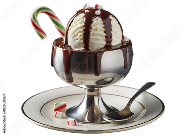 Fototapeta Delicious vanilla ice cream sundae with chocolate syrup and candy cane isolated on transparent background
