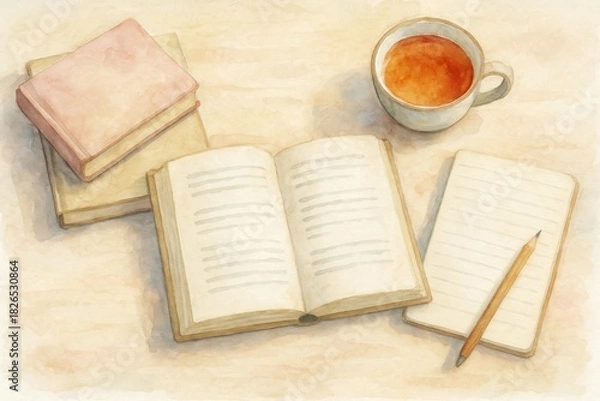 Fototapeta Watercolor illustration of books, tea, and a notebook on a wooden table