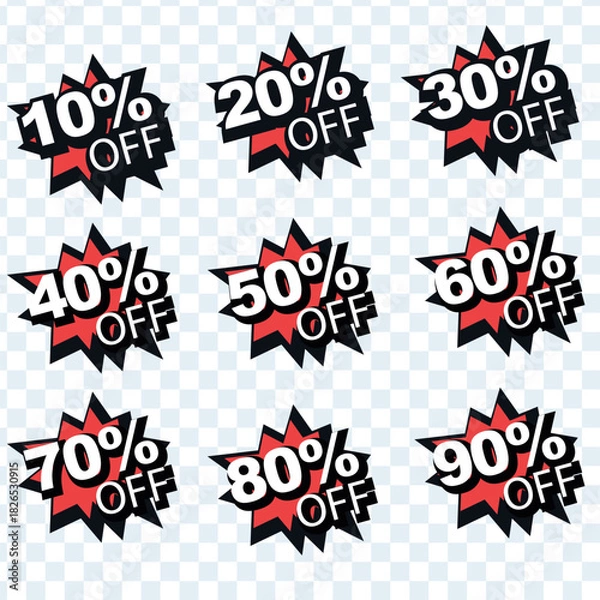 Fototapeta A vector sticker set featuring eye-catching discount badges ranging from 10 to 90 percent off. These bold, promotional graphics are ready to use for e-commerce sales, seasonal marketing campaigns