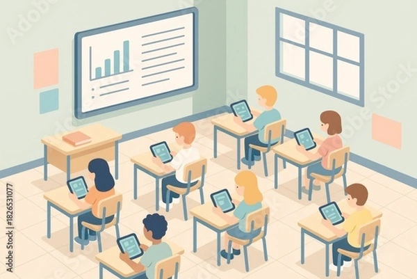 Fototapeta Students using tablets in a classroom setting for education and learning