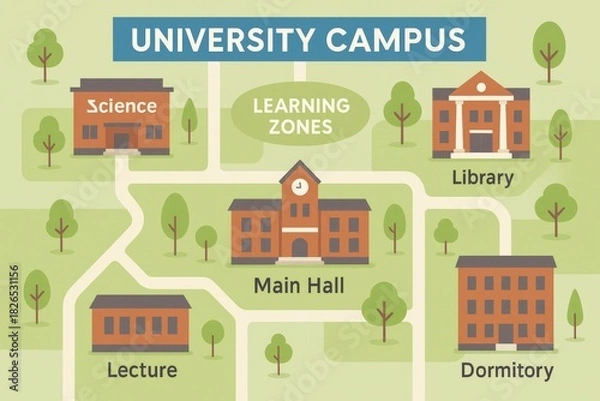 Fototapeta Illustrated university campus map with buildings, roads, and trees for education.