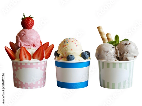 Fototapeta Three delicious ice cream cups with toppings isolated on transparent background