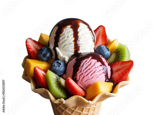 Fototapeta Delicious ice cream cone with fresh fruit and chocolate sauce isolated on transparent background