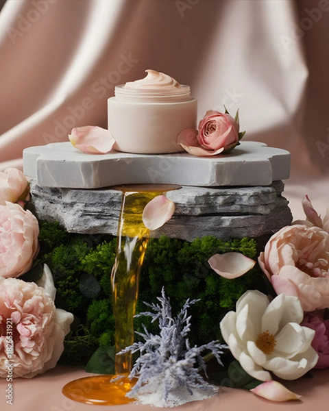 Fototapeta Luxury body cream jar on grey veined stone with emerald moss, pink and white flowers. Honey drips between rocks under soft diffused pink light for elegant skincare presentation.