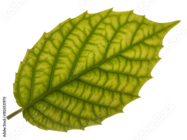 Fototapeta Detailed illustration of a single green leaf with serrated edges isolated on transparent background
