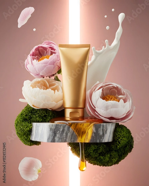 Obraz Luxury hand cream tube on grey veined stone with emerald moss, pink and white flowers, golden honey stream, and frozen milk splash. Soft diffused pink lighting enhances elegance.