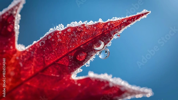 Obraz Macro Shot of a Red Maple Leaf Covered in Frost and Water Droplets Against a Bright Blue Sky, Capturing the Beauty of Winter and Nature's Delicate Details