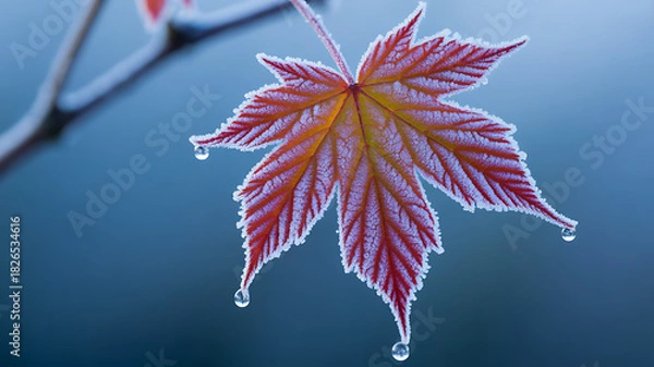 Obraz Frozen Japanese Maple Leaf with Ice Crystals and Water Droplets Against a Soft Blue Background, Capturing the Beauty of Winter and Nature's