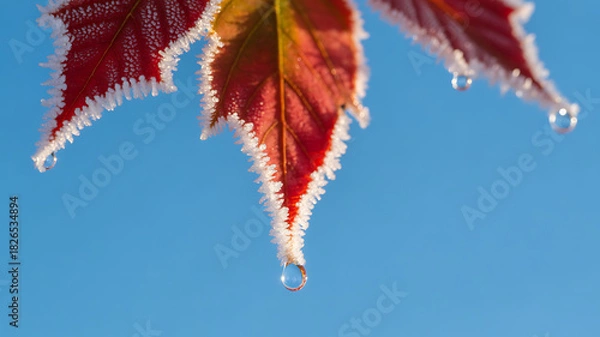 Obraz Frosty Red Maple Leaves with Water Droplets Against a Clear Blue Sky, Capturing the Beauty of Winter's Touch on Nature's Canvas