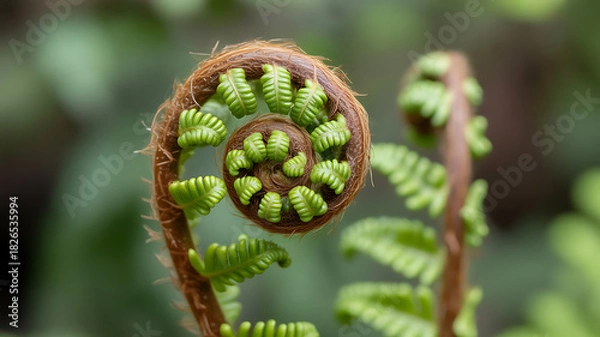 Obraz Unfurling Fern Frond: A Macro View of Nature's Spiral, Revealing New Growth and the Intricate Details of a Young Plant in a Lush Green Environment