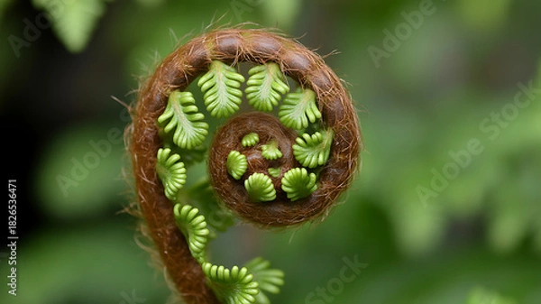 Obraz Unfurling Fern Frond: A Close-Up of a Young, Spiraling Fern with Delicate Green Leaves and Brown Fuzz, Set Against a Soft Green Background in a