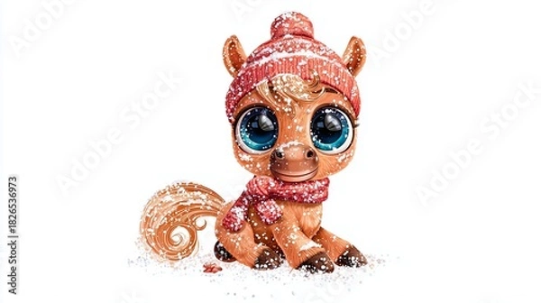 Fototapeta Cute cartoon pony character wearing a red knitted hat and scarf, surrounded by snowflakes, creating a whimsical winter atmosphere for festive designs and illustrations