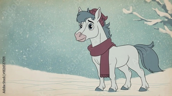 Fototapeta Cartoon illustration of a cheerful white pony wearing a red scarf standing in a snowy landscape, surrounded by falling snowflakes, evoking a festive winter atmosphere