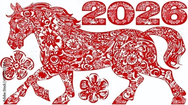 Fototapeta Red horse illustration adorned with floral patterns and the year 2026, symbolizing prosperity and good fortune in the upcoming lunar new year celebration