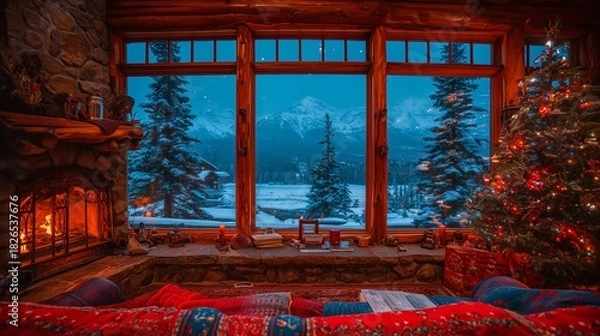 Fototapeta Cozy cabin interior with a warm fireplace, decorated Christmas tree, and stunning mountain view through large windows, creating a serene winter atmosphere with holiday spirit
