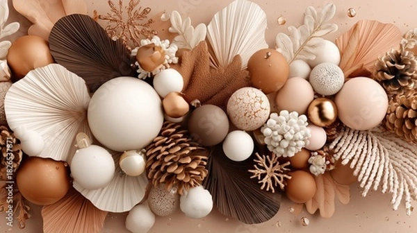 Fototapeta Decorative arrangement of various textured spheres, leaves, and natural elements in warm tones, creating an elegant and festive atmosphere for seasonal celebrations and design inspiration