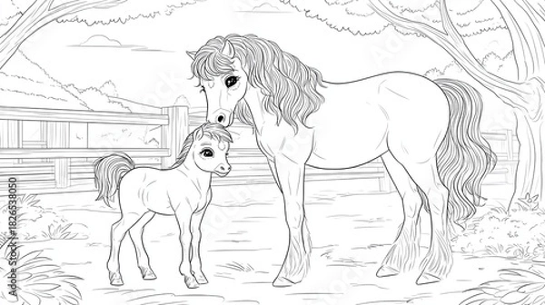 Fototapeta Illustration of a mother horse and her foal standing together in a serene pasture, surrounded by trees and a wooden fence, showcasing the bond between them in a natural setting