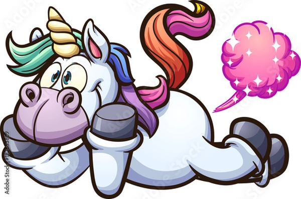 Fototapeta Farting cartoon unicorn. Vector clip art illustration with simple gradients. All in a single layer. 