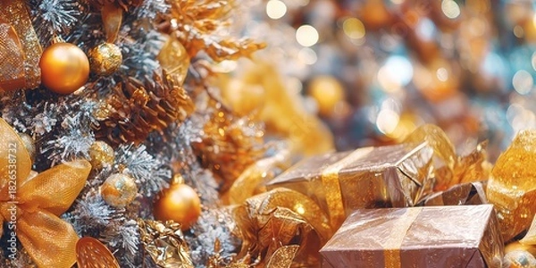 Fototapeta Festive Christmas tree adorned with golden ornaments and ribbons, surrounded by beautifully wrapped presents, creating a warm holiday atmosphere filled with joy and celebration