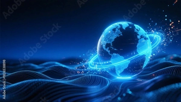 Obraz Earth surrounded by a blue band of light and particles made of light