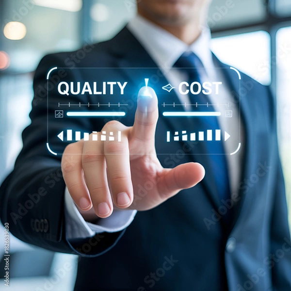Fototapeta "Quality vs Cost Business Interface — Close‑Up of Business Professional Touching Virtual Quality and Cost Dashboard — Decision Making, Performance Metrics and Operational Efficiency Concept"
