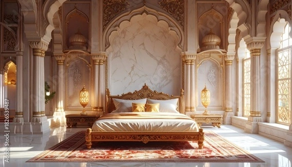 Fototapeta Royal Indian Bedroom Mock Up Wall with Carved Wooden Bed, Marble Arches, Domes, and Dreamy Cozy Atmosphere. Copy space. Generative AI