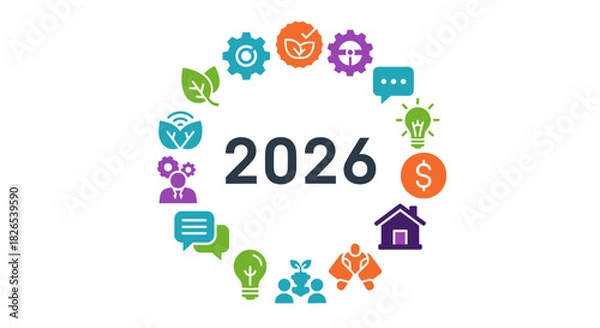 Fototapeta Business strategy icons around year 2026 isolated on