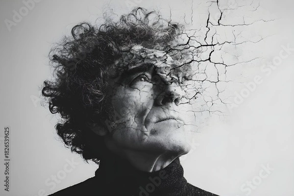 Obraz Black and white portrait of an old man with curly hair, wearing a dark turtleneck, with the top of his face melting into a cracked wall texture, abstract emotional art, high contrast editorial style