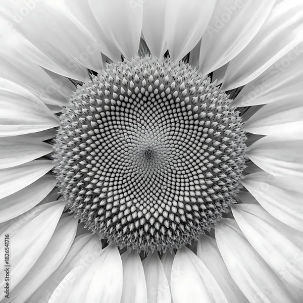 Obraz Abstract Black and White Sunflower Close-up: Detailed Petals and Seed Head Pattern - Botanical Beauty, Floral Art, Monochrome Nature Photography