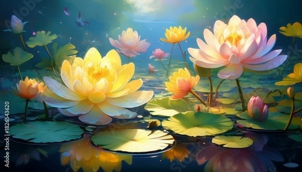 Fototapeta Beautiful Lotus Flowers Floating on Water Serene Pond Landscape