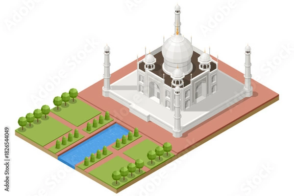 Fototapeta Isometric illustration of the Taj Mahal with gardens, pathways and water canal, showing the famous monument in detailed architectural style.