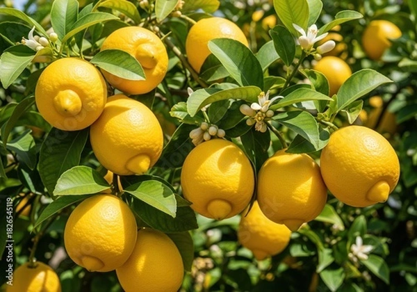 Obraz Bright yellow lemons growing on a tree with green leaves in a citrus fruit garden orchard scene