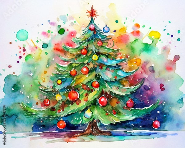 Obraz Watercolor christmas tree with colorful splash background