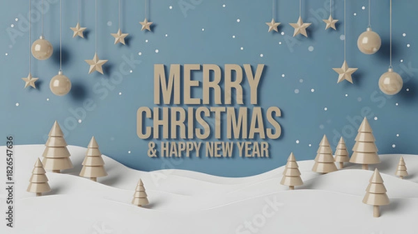 Obraz Wish your loved ones a very Merry Christmas and a Happy New Year with this festive design featuring winter trees, elegant ornaments, and falling snow, perfect for holiday greetings