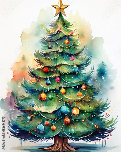 Obraz Christmas tree presenting watercolor festive holiday decoration