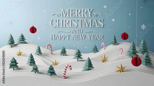 Obraz Delightful Merry Christmas and Happy New Year scene with whimsical candy canes, festive Christmas trees, and shimmering stars, perfect for holiday greetings and seasonal cheer