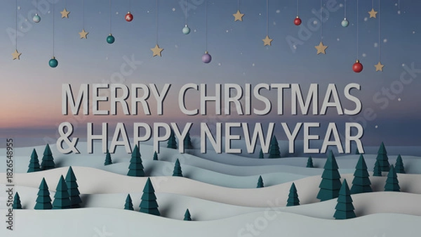 Obraz Share the warmth of the holidays with this charming Merry Christmas and Happy New Year greeting, featuring whimsical trees, delicate ornaments and joyful stars, perfect for spreading cheer