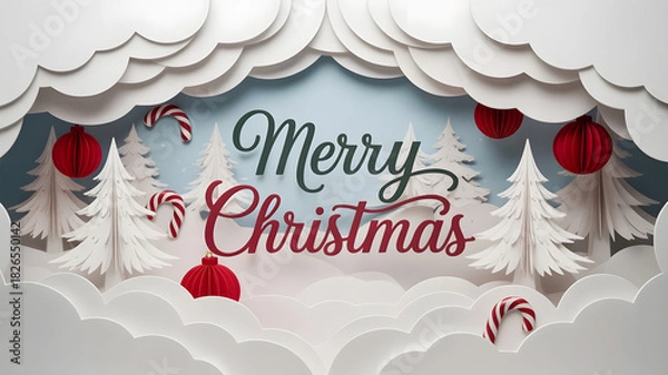 Obraz Celebrate the season with a whimsical Merry Christmas design featuring ornaments, candy canes and paper trees for a festive greeting, perfect for holiday cards and joyful promotions