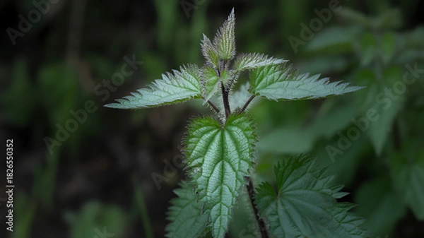 Obraz Close-up of a Stinging Nettle Plant with Green Leaves and a Dark Stem in a Natural Outdoor Setting, showcasing the plant's texture and details