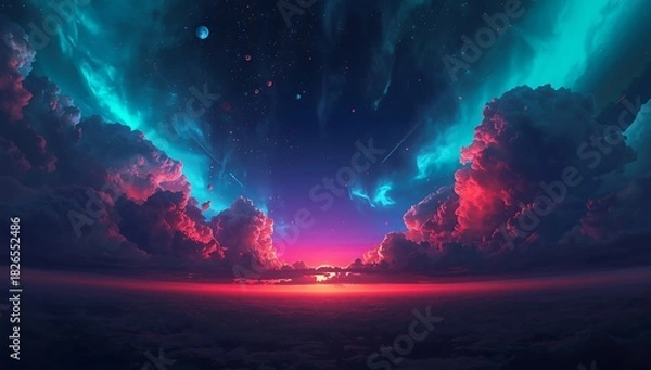 Fototapeta Dreamy aurora borealis landscape wallpaper background with colorful clouds art