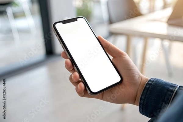 Fototapeta Hand holding smartphone with blank white screen in modern indoor setting, perfect for app mockup, UI/UX design, and digital technology concepts.