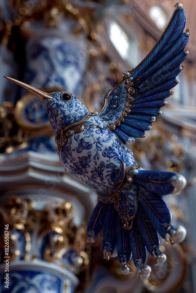 Obraz A blue and white porcelain hummingbird, adorned with gold accents