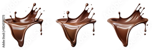 Fototapeta Chocolate liquid splashes, showcasing smooth, glossy textures and rich brown tones on a transparent background