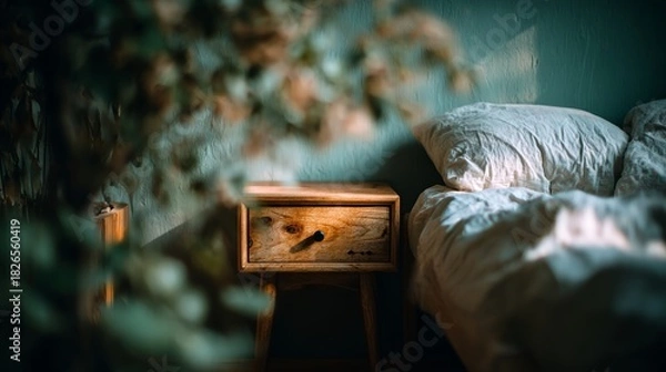 Fototapeta Cozy bedroom scene with a bedside table and soft bedding.